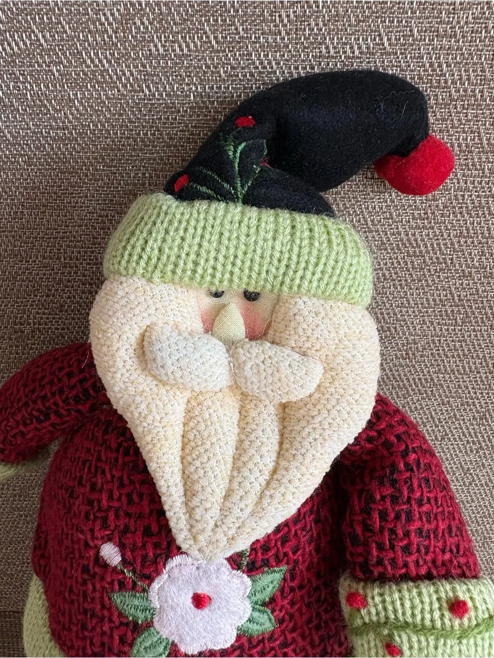 Plush Santa Claus Shelf Sitter Figurine Knit Sweater Embroidered Bird Christmas